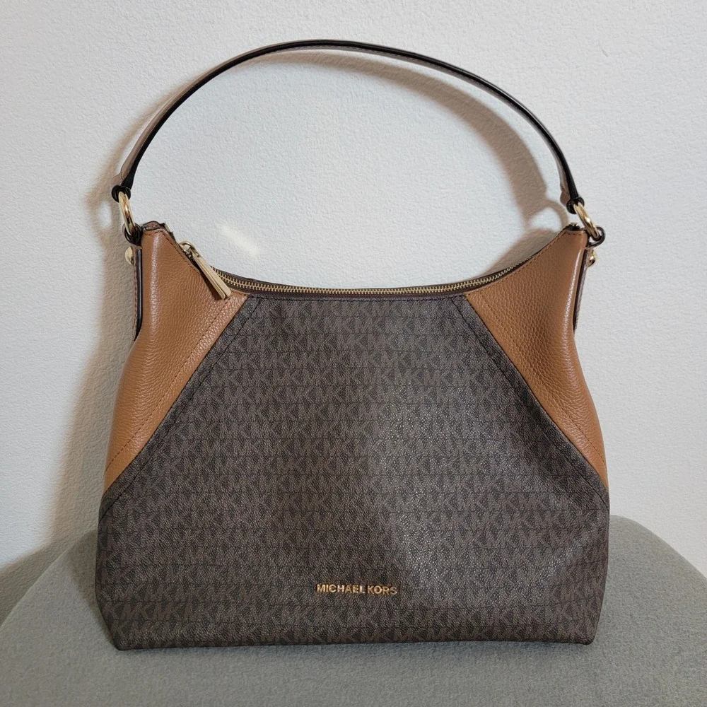 Michael Kors‎ Aria Large Brown Monogram Logo Large Hobo Shoulder Bag Leather